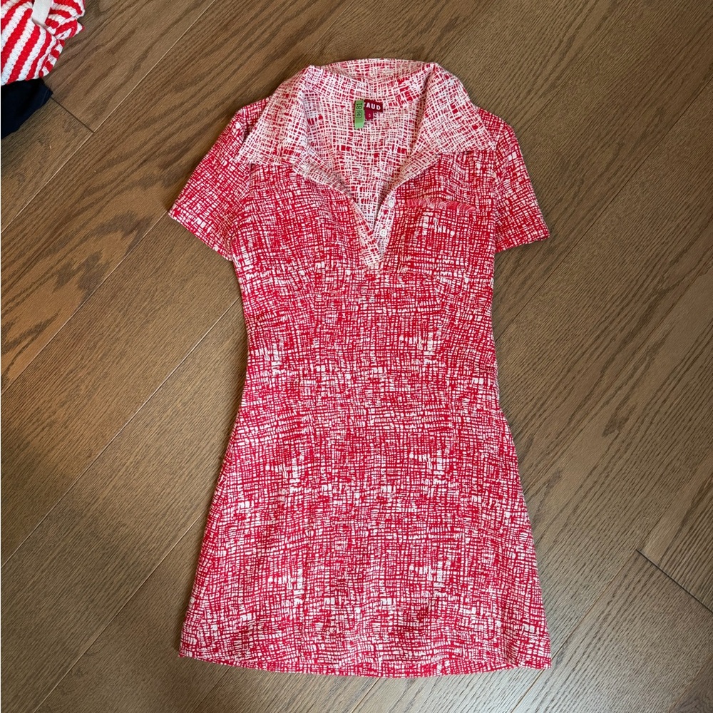 STAUD Red and White Patterned Dress